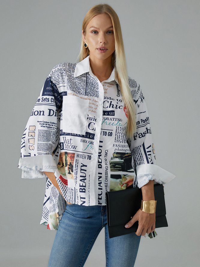 Shirt Collar Regular Fit Urban Text Letters Blouse