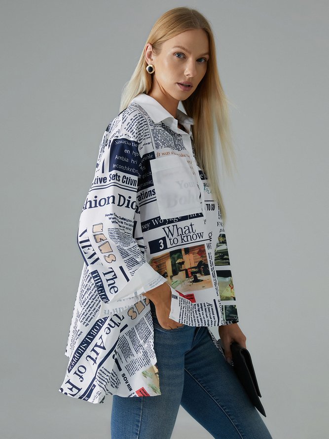 Shirt Collar Regular Fit Urban Text Letters Blouse