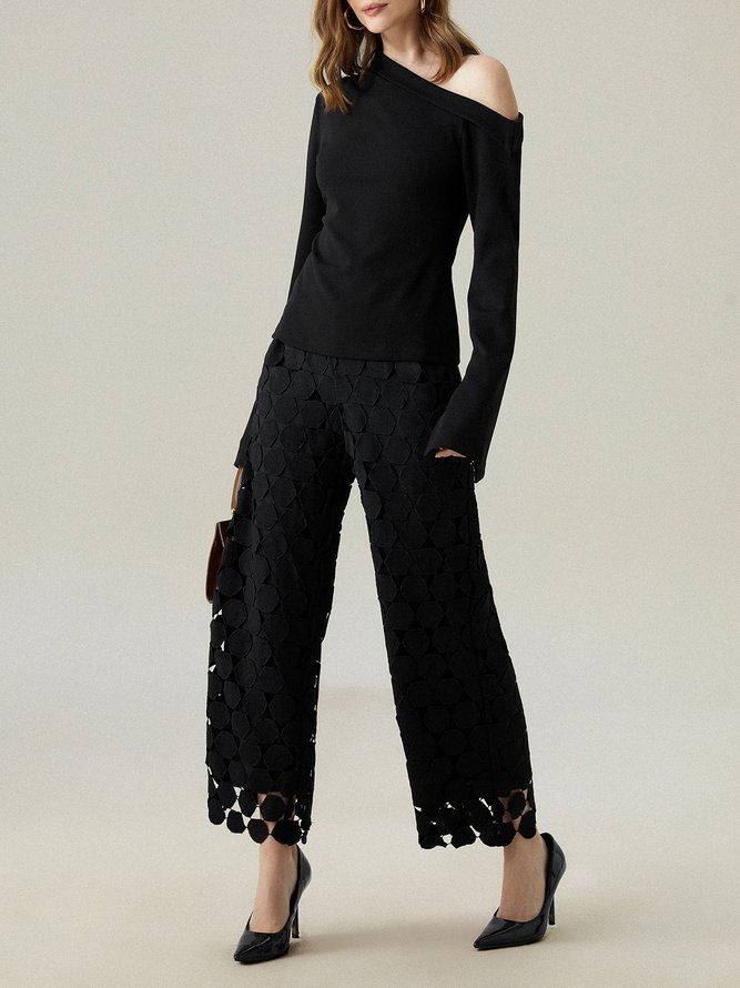 Loose Elegant Lace Plain Fashion Long Pants Straight pants