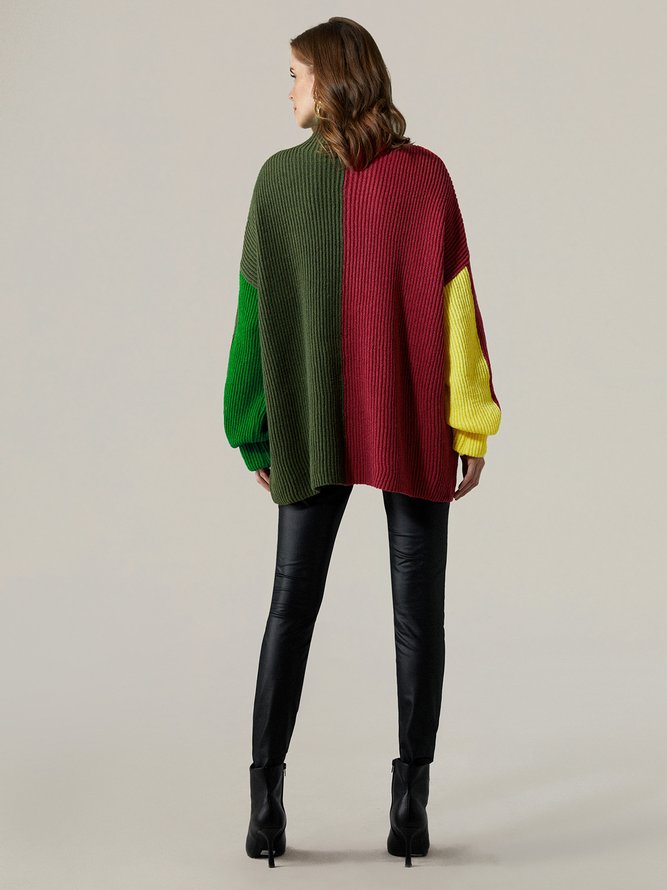 Color Block Turtleneck Urban Long Sleeve Sweater