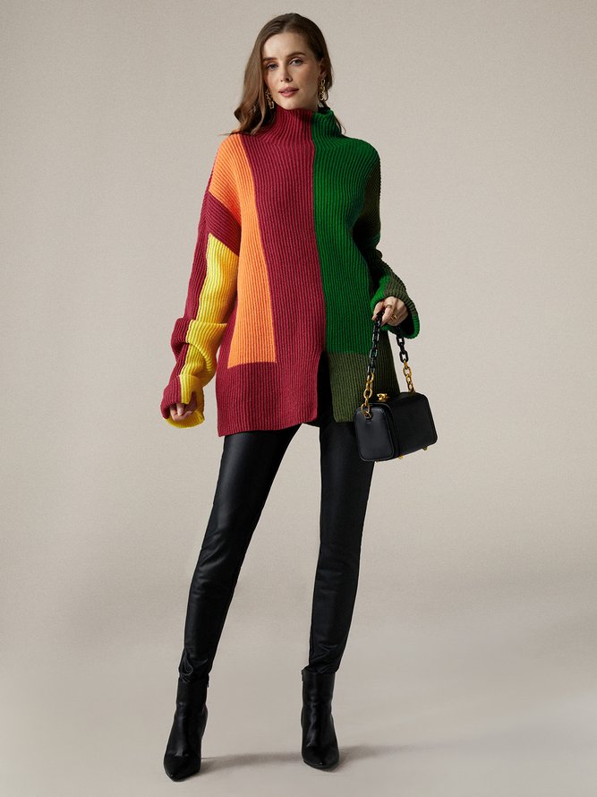 Color Block Turtleneck Urban Long Sleeve Sweater