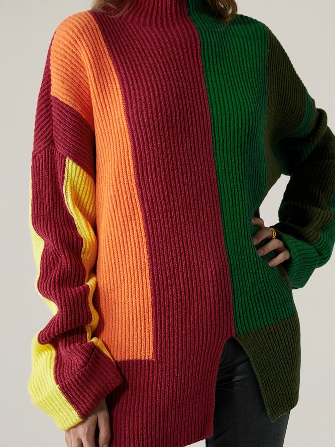 Color Block Turtleneck Urban Long Sleeve Sweater