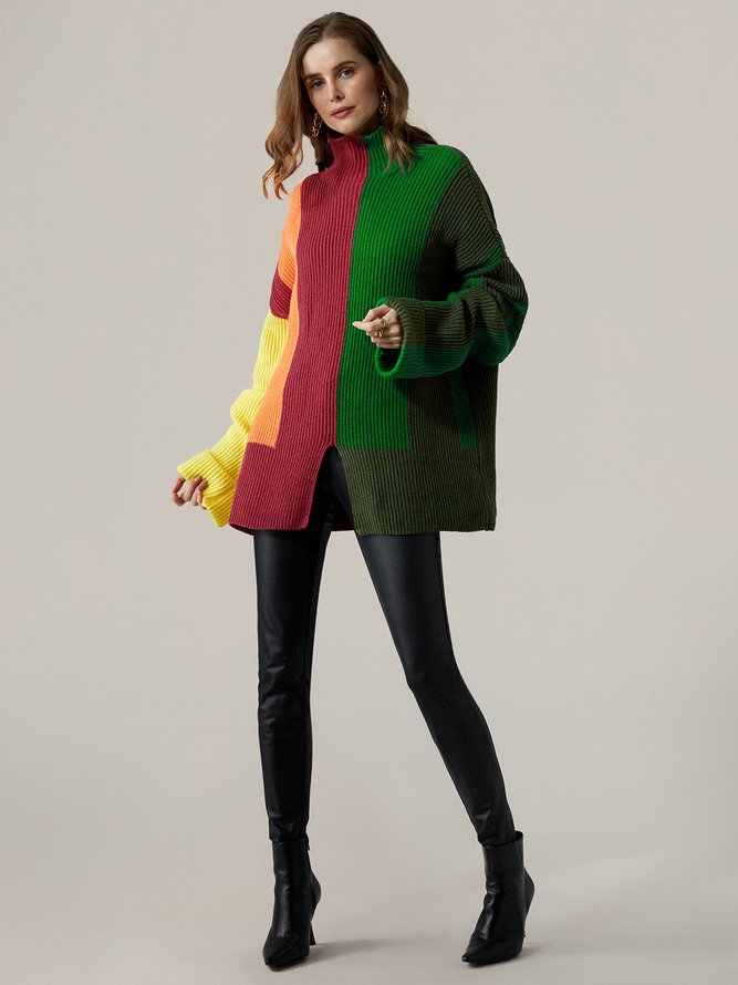 Color Block Turtleneck Urban Long Sleeve Sweater