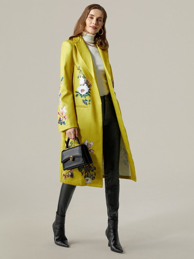 Floral Urban Lapel Collar Loose Long Sleeve Coat