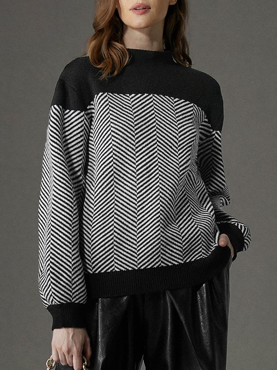 Turtleneck Split Joint Color Block Urban Sweater