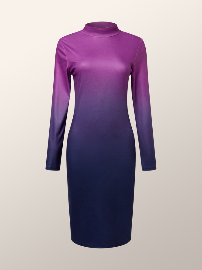 Elegant Turtleneck Ombre  Regular Fit  Long Sleeve Dress