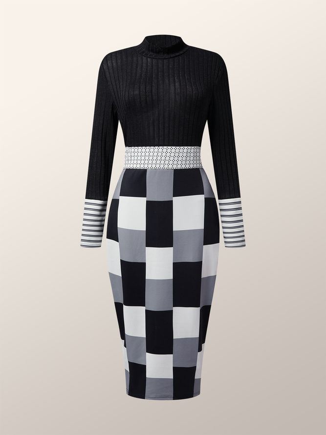 Elegant Plaid Regular Fit Long Sleeve Turtleneck Dress