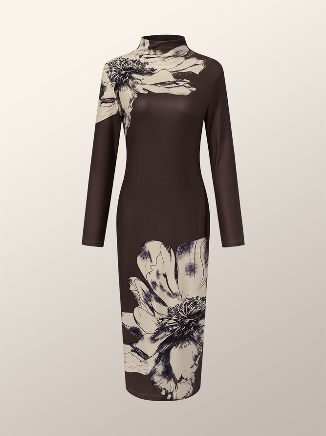 Stand Collar Elegant Floral Long Sleeve Dress