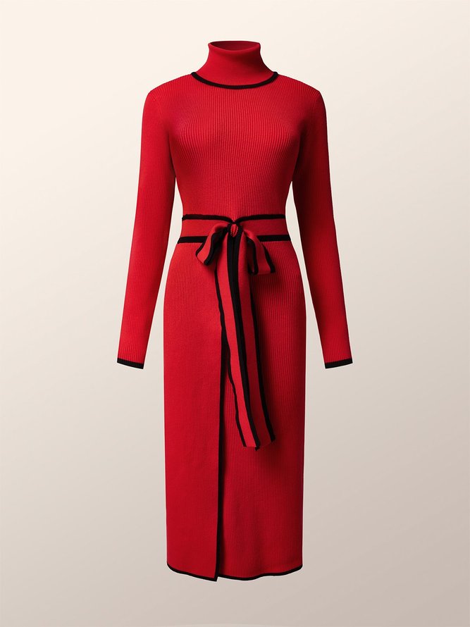 Color Block Tight Elegant Long Sleeve Sweater Midi Dress With Belt