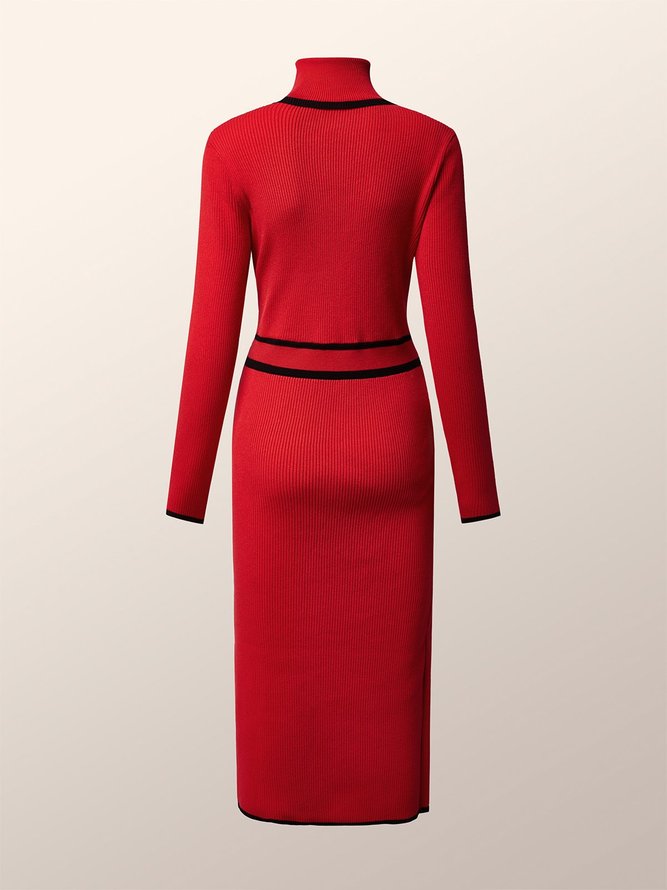 Color Block Tight Elegant Long Sleeve Sweater Midi Dress With Belt