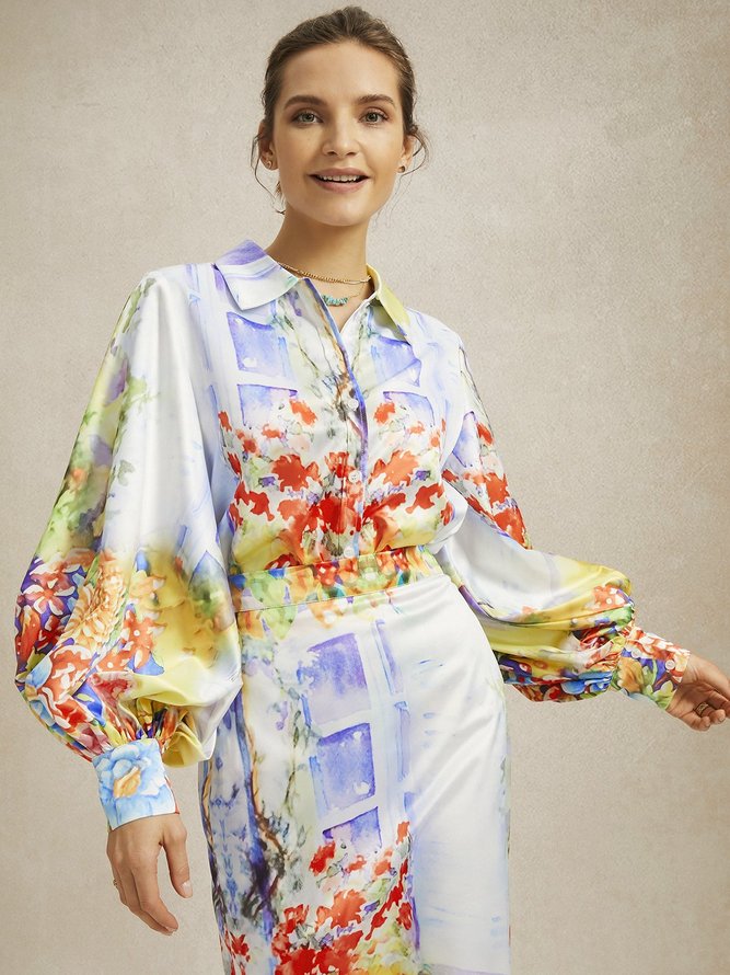 Regular Fit Elegant Shirt Collar Floral Blouse