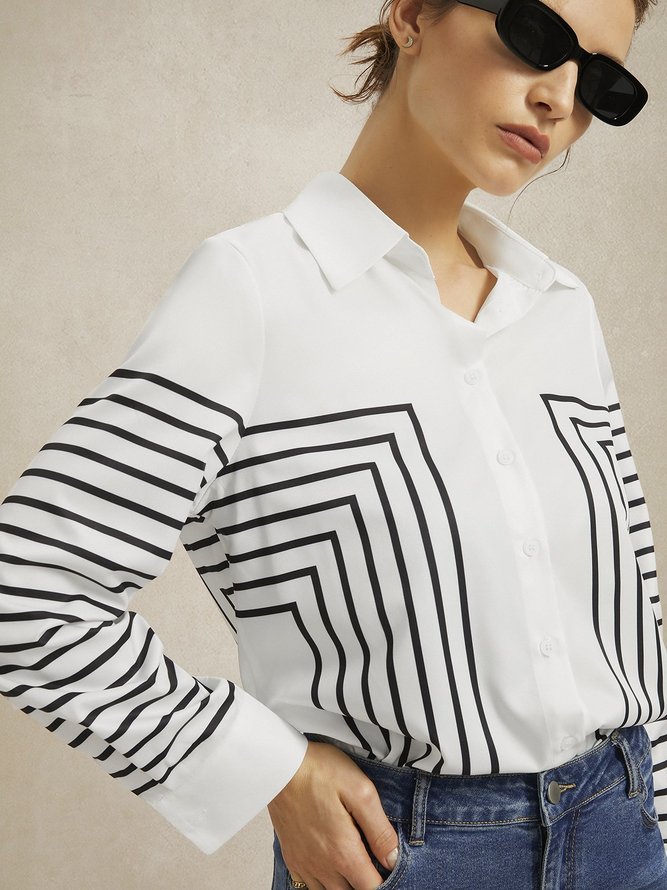 Striped Shirt Collar Urban Blouse