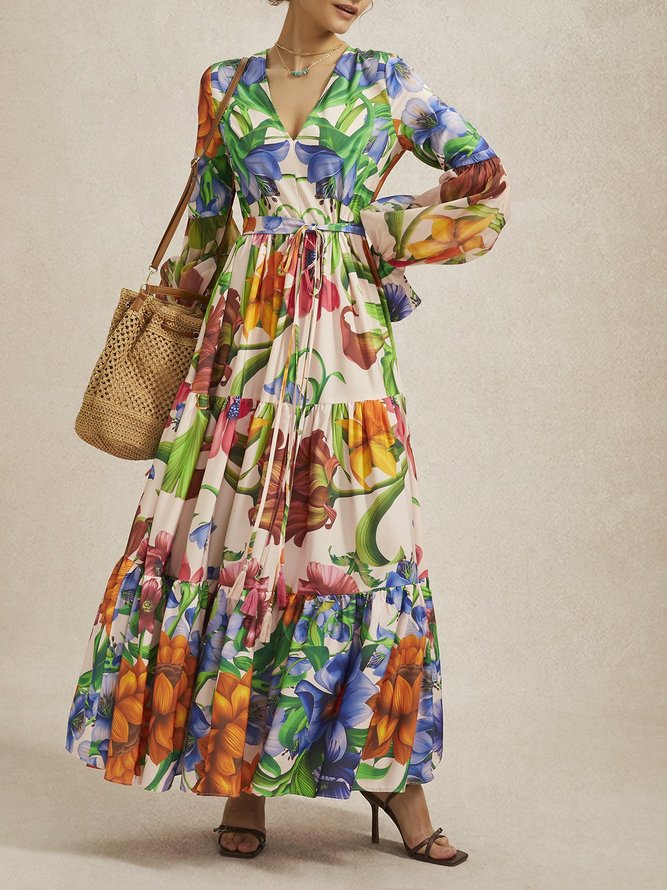 Floral Vacation V Neck Long Sleeve Maxi Dress With Belt