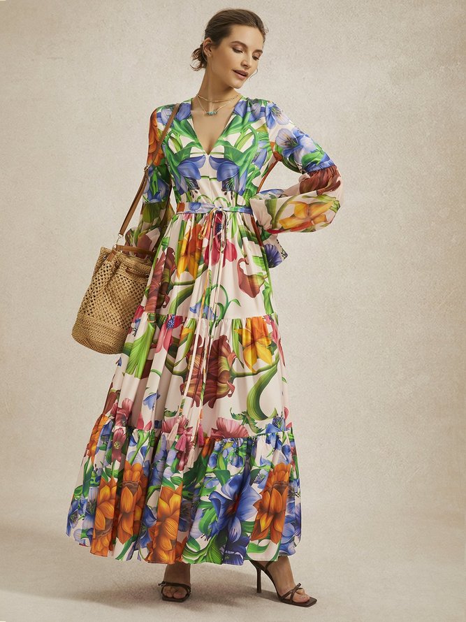 Floral Vacation V Neck Long Sleeve Maxi Dress With Belt