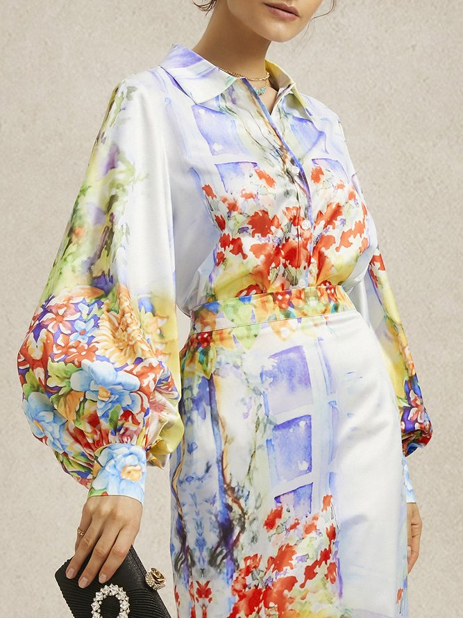 Regular Fit Elegant Shirt Collar Floral Blouse