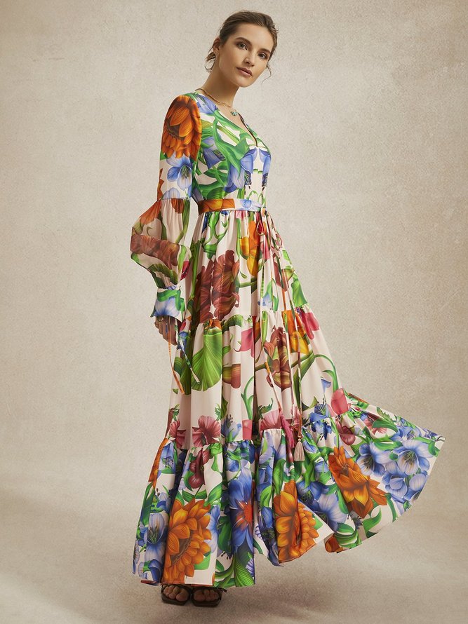 Floral Vacation V Neck Long Sleeve Maxi Dress With Belt