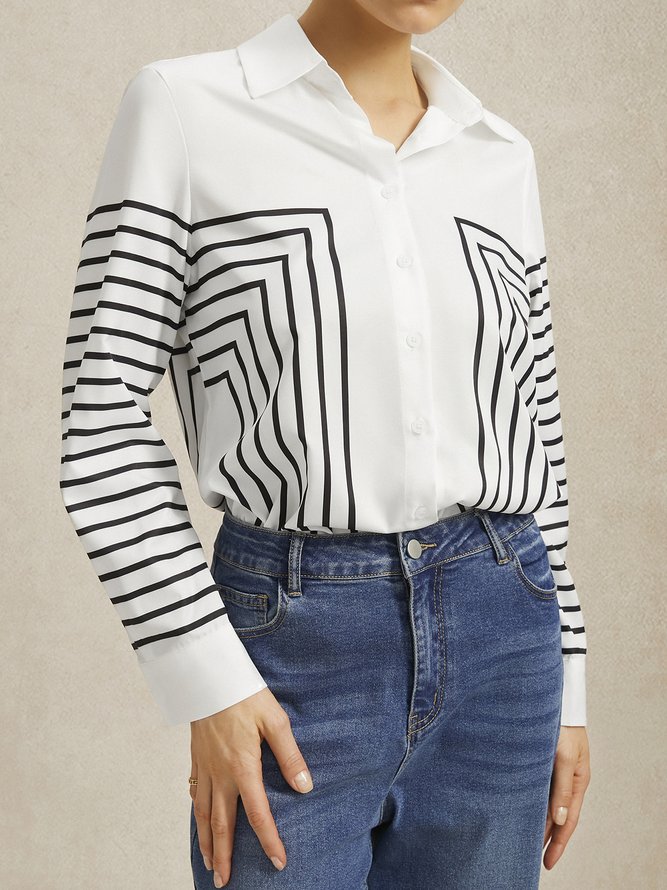 Striped Shirt Collar Urban Blouse