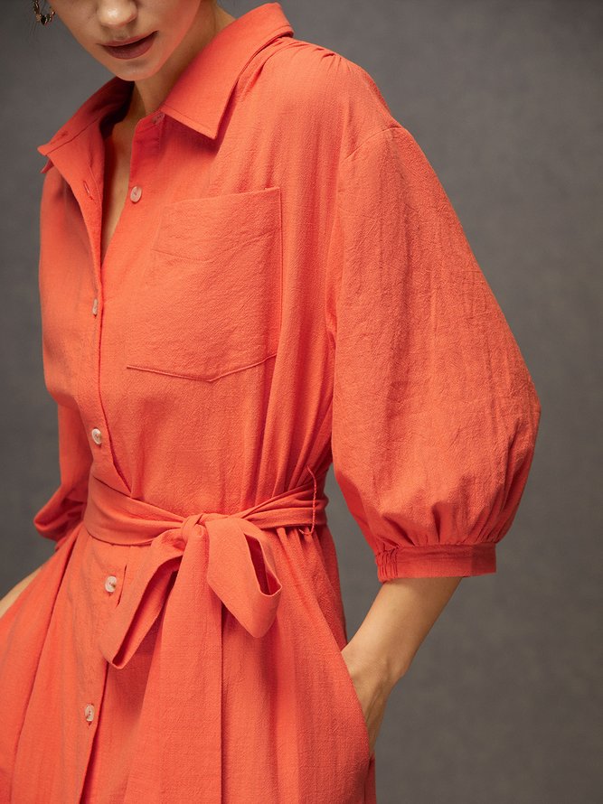 Daily Linen Button-Front Belted Shirt Dress with Pocket