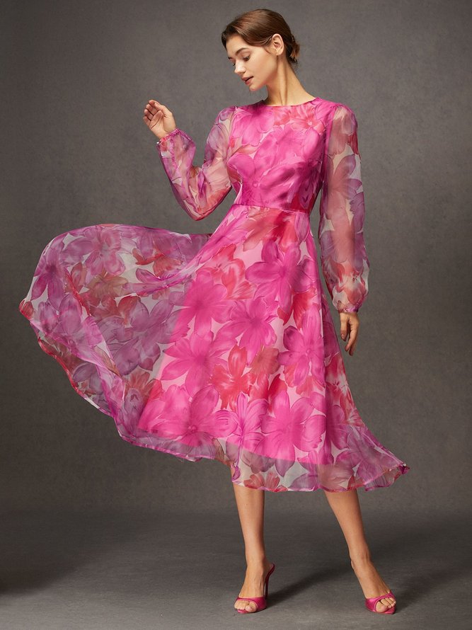 Regular Fit Floral Elegant Crew Neck Midi Dress