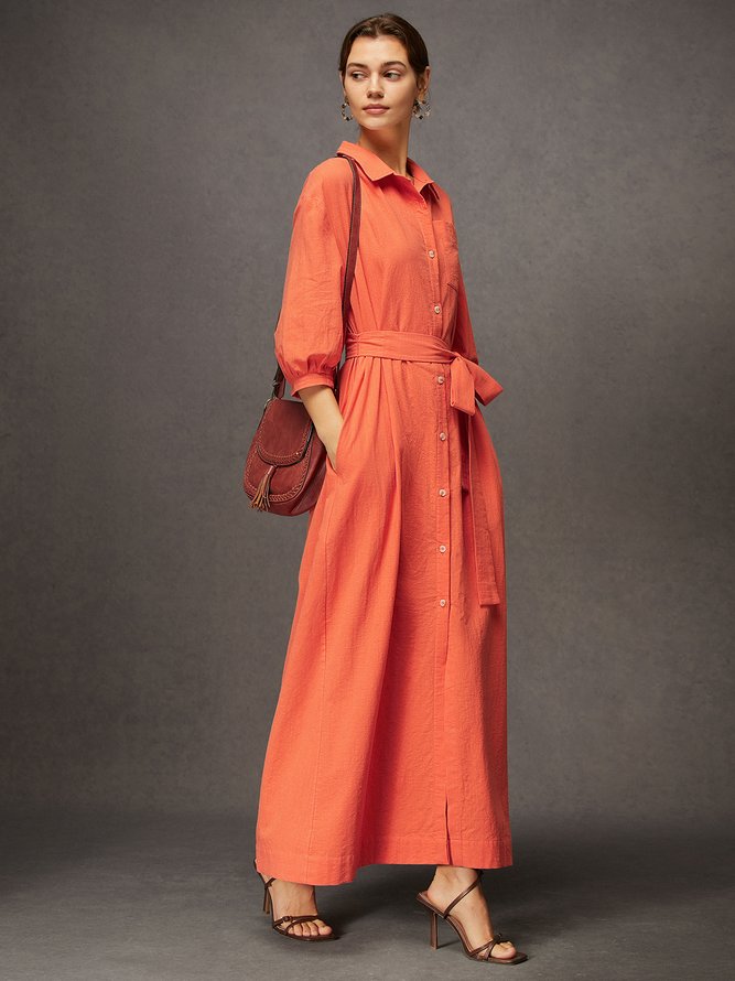 Daily Linen Button-Front Belted Shirt Dress with Pocket