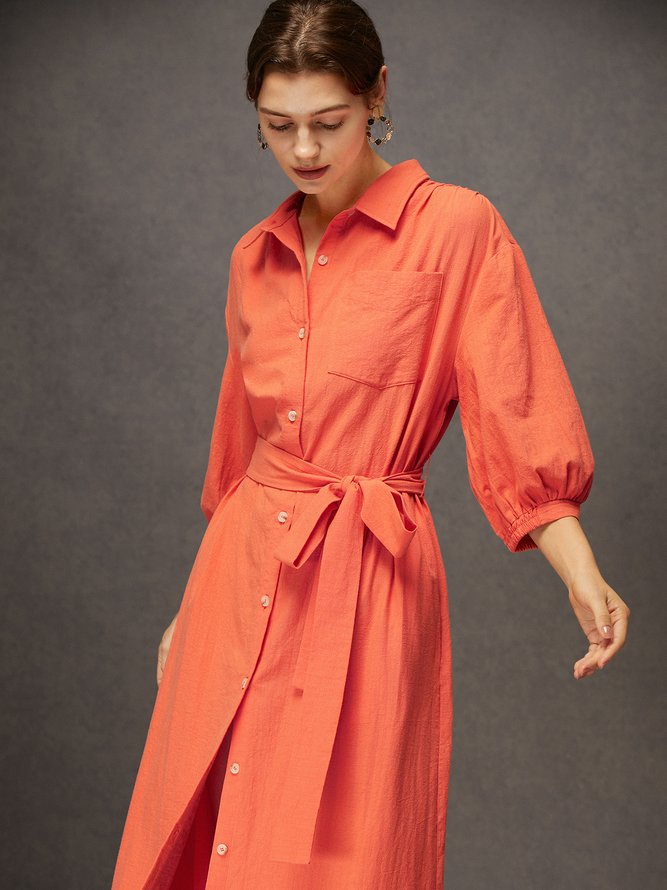 Daily Linen Button-Front Belted Shirt Dress with Pocket