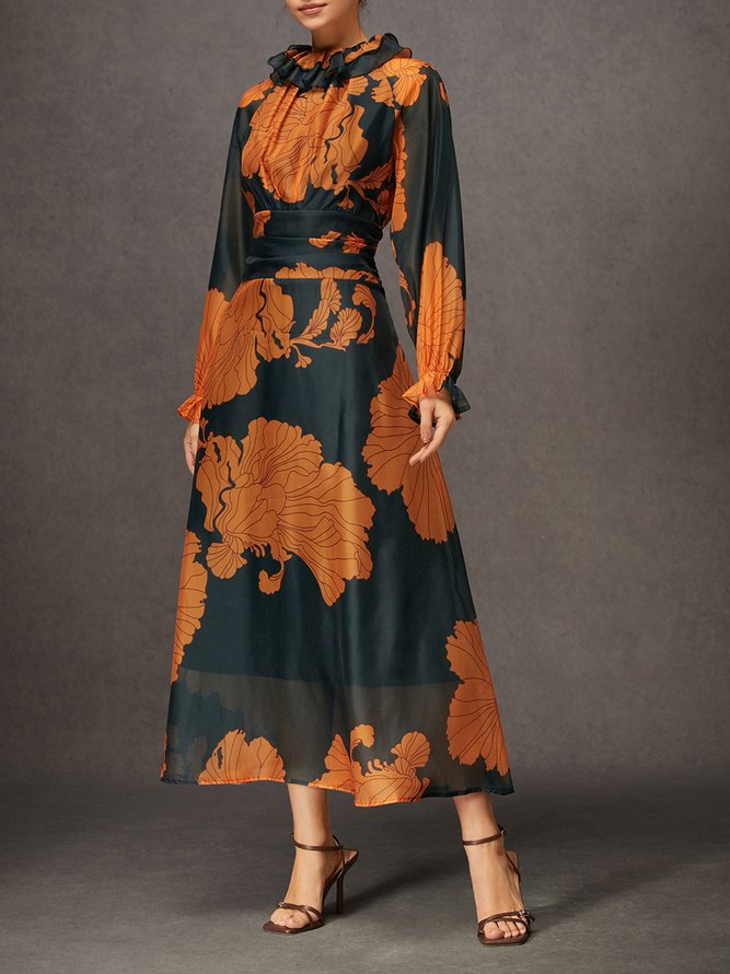 Elegant Floral Ruffle Collar Maxi Dress