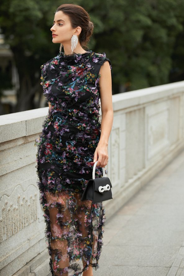 Elegant Ruched Cowl Neck Floral Textured Slit Midi Dress