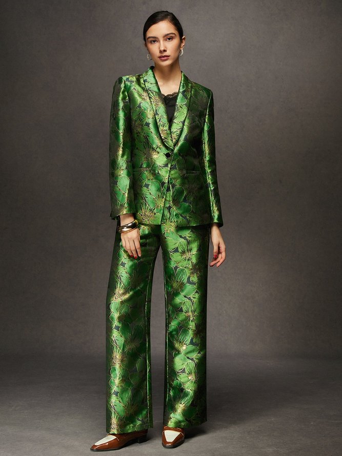 Sleek Urban Floral Shawl Collar Satin Blazer