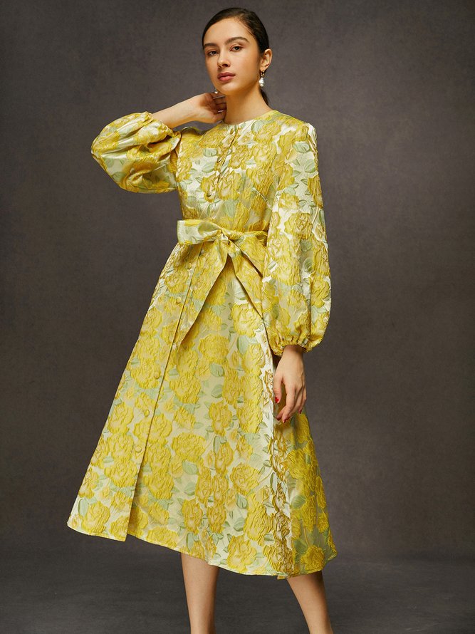 Elegant Crew Neck Floral Midi Dress with Belt