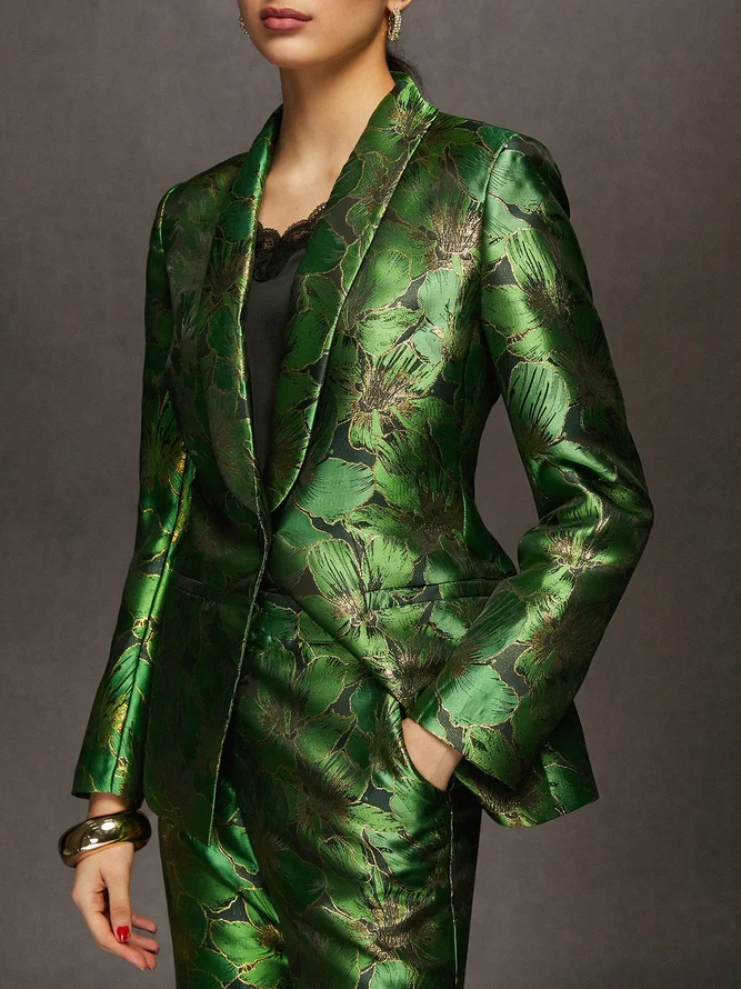 Sleek Urban Floral Shawl Collar Satin Blazer