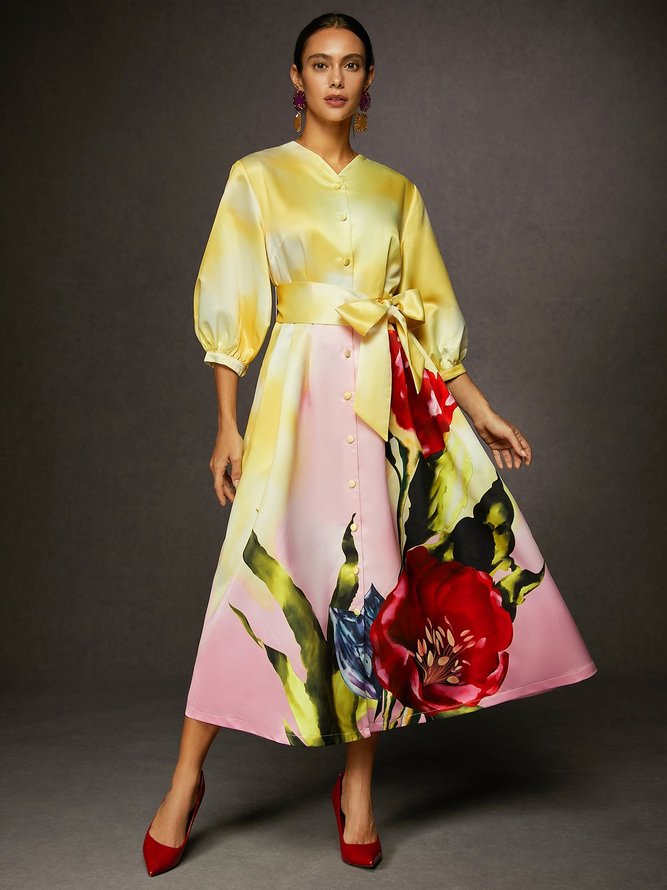 Elegant Satin Floral Pocket Dress With Belt