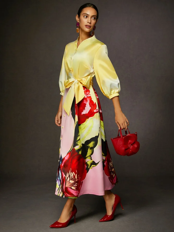 Elegant Satin Floral Pocket Dress With Belt