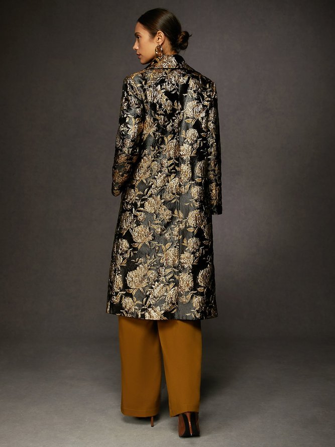 Shawl Collar Urban Floral Jacquard Loose Coat