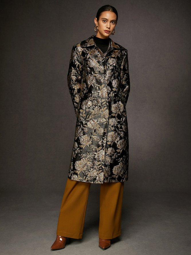 Shawl Collar Urban Floral Jacquard Loose Coat