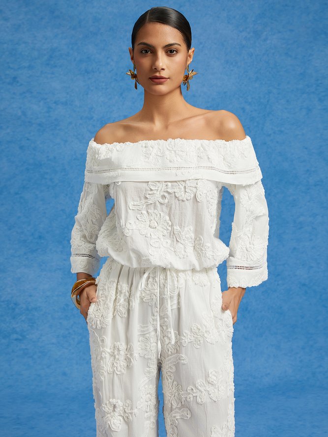 Pure Cotton Casual Jacquard Off-Shoulder Blouse