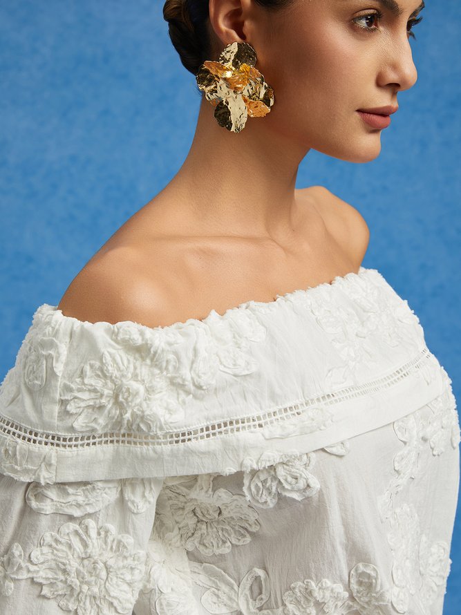 Pure Cotton Casual Jacquard Off-Shoulder Blouse