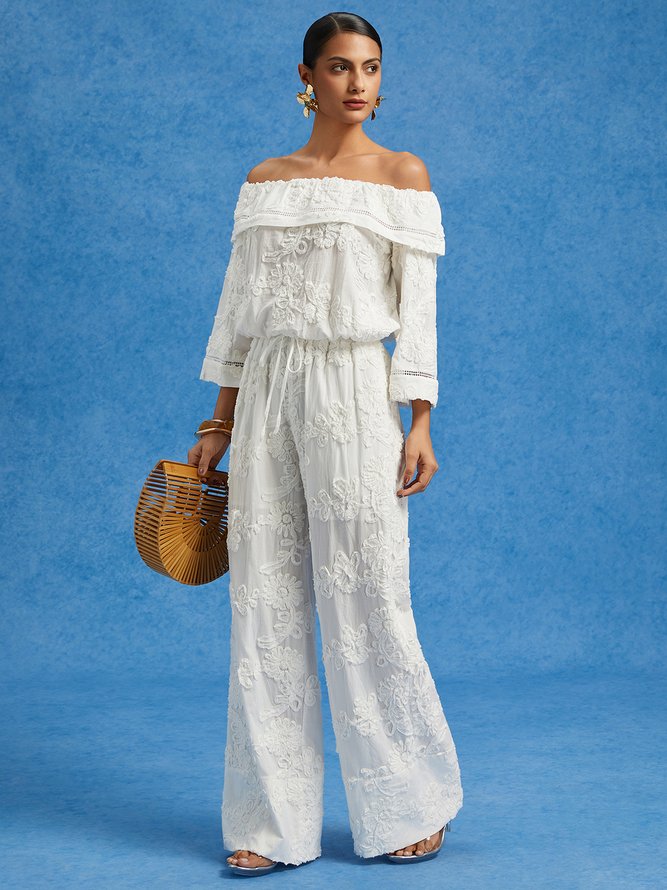 Pure Cotton Casual Jacquard Off-Shoulder Blouse
