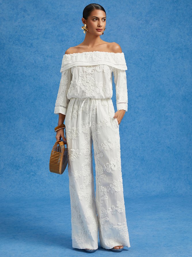 Pure Cotton Casual Jacquard Off-Shoulder Blouse