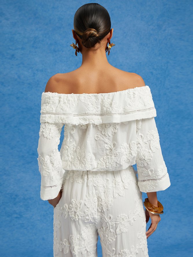 Pure Cotton Casual Jacquard Off-Shoulder Blouse