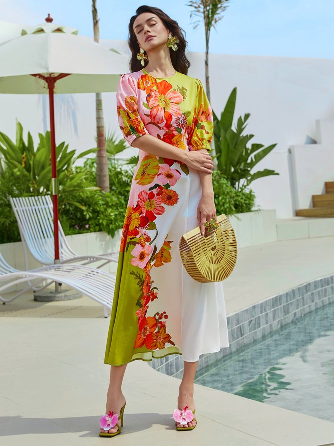 Floral Vacation Crew Neck Short Sleeve Maxi Dress