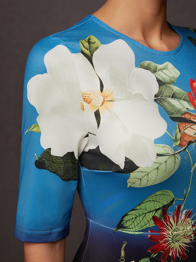 Urban Floral  Printing Crew Neck Midi Dress