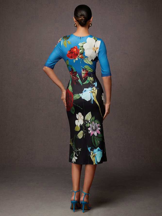 Urban Floral  Printing Crew Neck Midi Dress