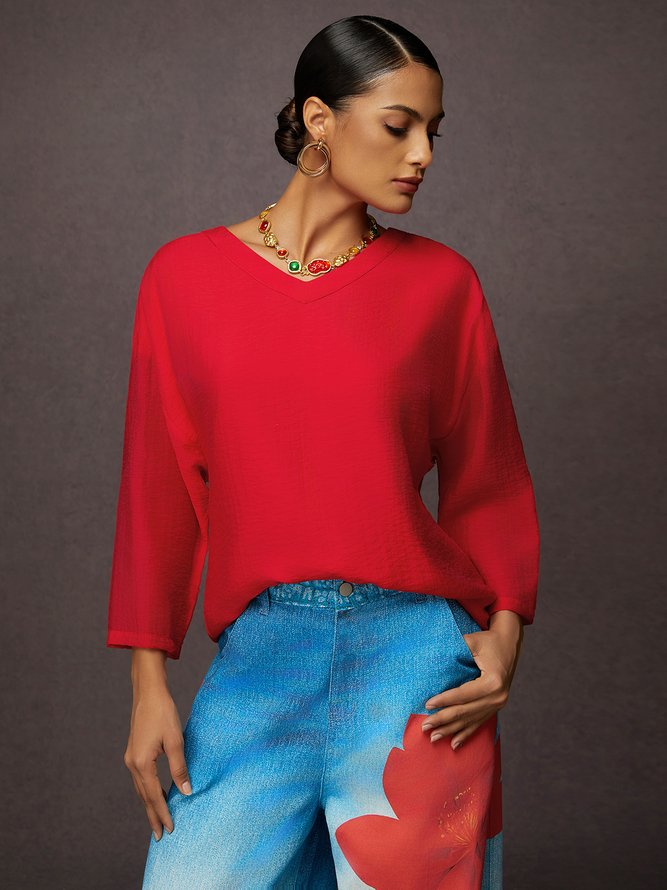 Casual V-Neck Loose Sheer Blouse