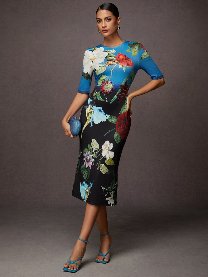 Urban Floral  Printing Crew Neck Midi Dress