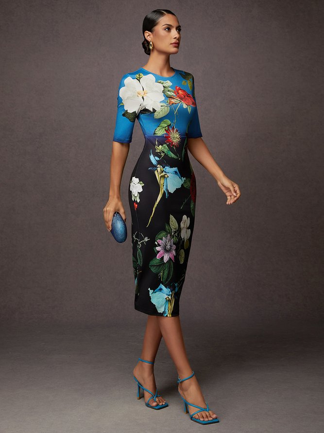 Urban Floral  Printing Crew Neck Midi Dress