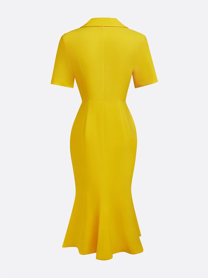 Elegant Plain Short Sleeve Buttoned Shawl Collar Midi Dress