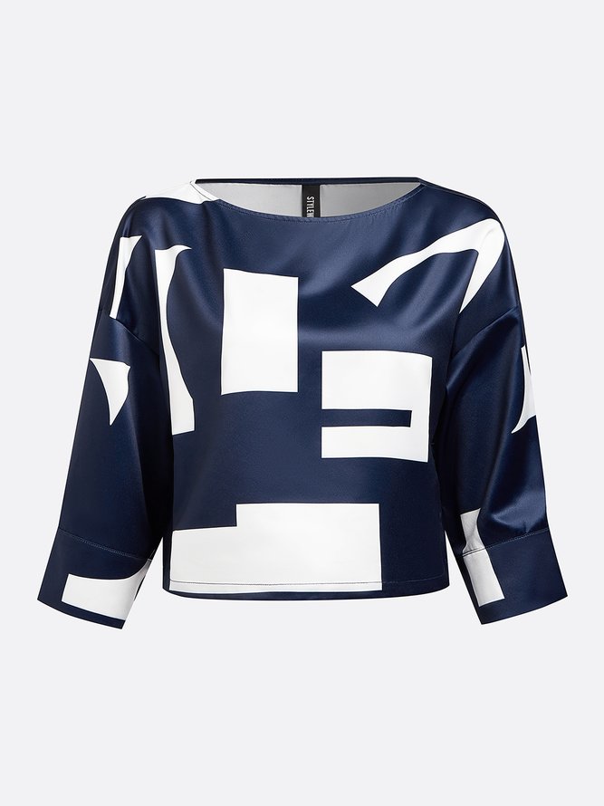 Urban Geometric Printing Crew Neck Raglan Sleeves Blouse