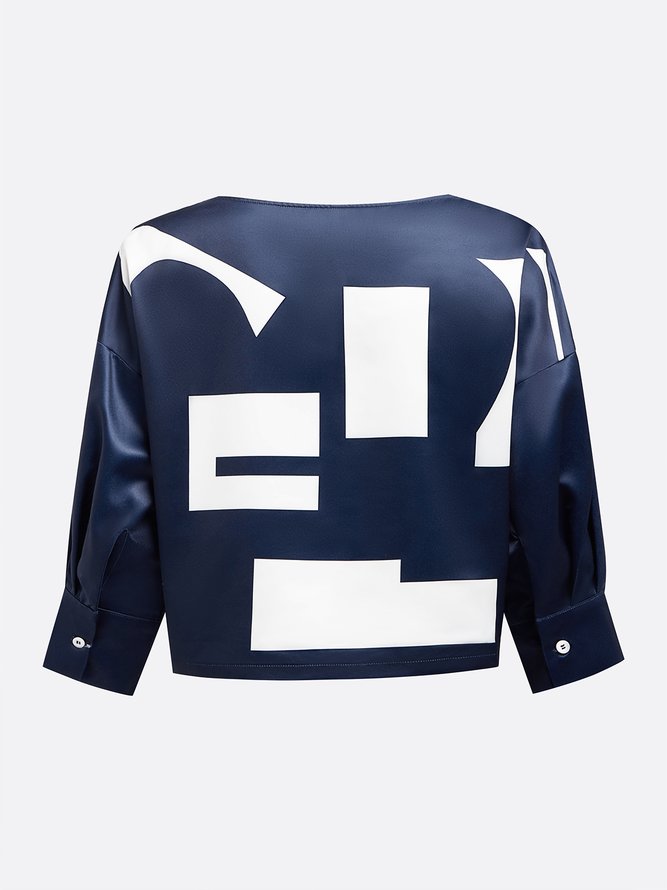 Urban Geometric Printing Crew Neck Raglan Sleeves Blouse