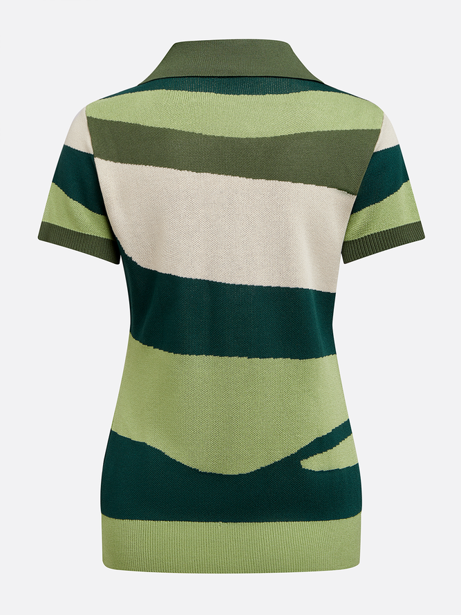 Casual Colorblock Buttoned Polo Collar Sweater