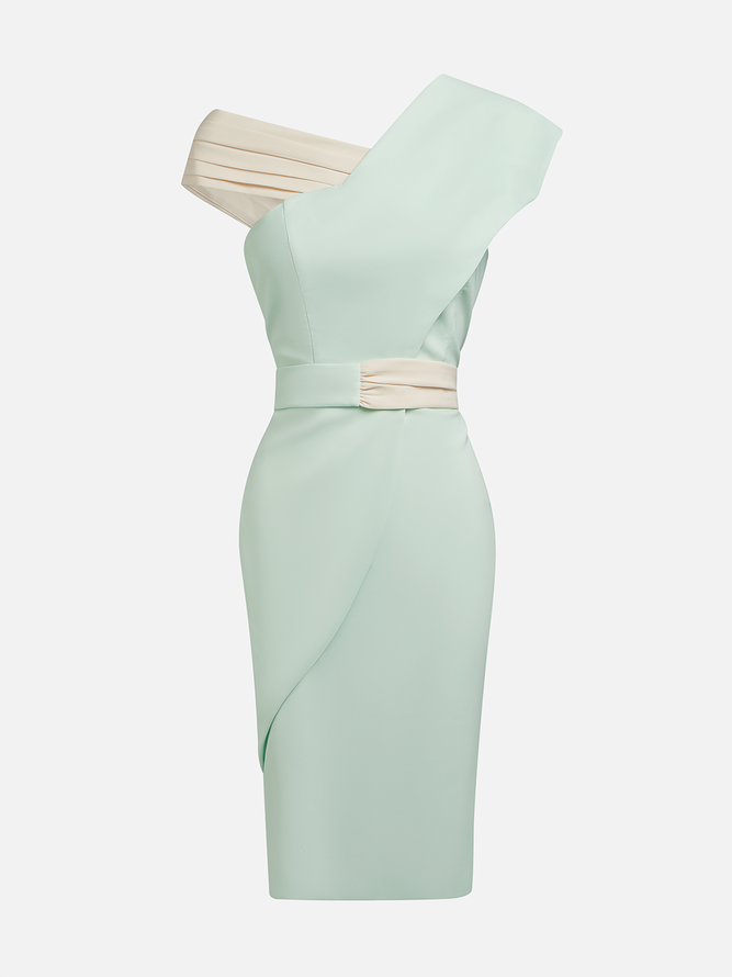 Elegant Color Block Split Joint Asymmetrical Midi Party Dress With Brooch